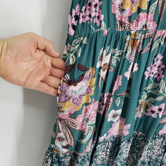 3/$25 Maurices Floral V Neck Dress M Flounce Hem Faux Wrap A Line Teal - Picture 9 of 9